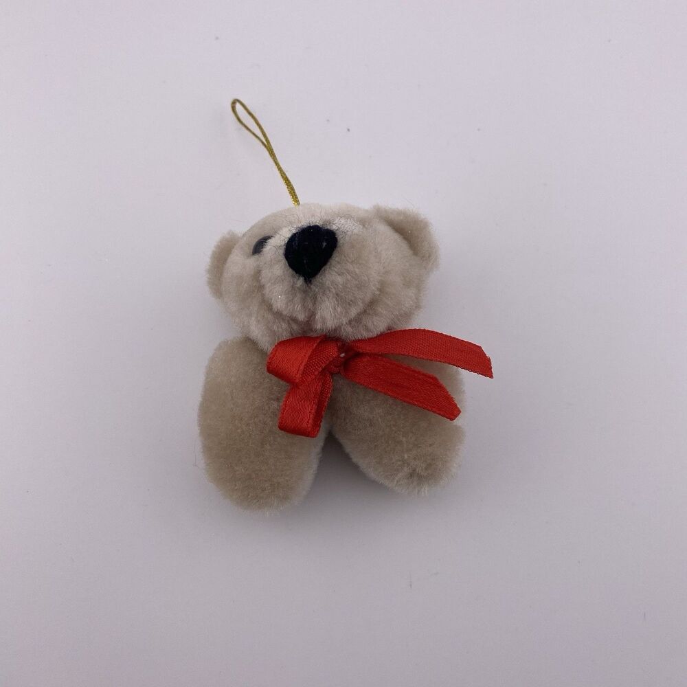 Tiny Vintage Plush Teddy Bear Red Bow Christmas Ornament Dollhouse Miniature 2"